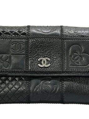 CHANEL Icon Black Leather Patent Leather Other Style Wallet